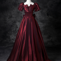 Burgundy Satin Long Prom Dress, A-Line Short Sleeve Party Dress - Thumbnail 6