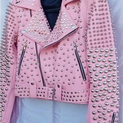 Crafted leather women pink studded genuine leather punk style jacket - Thumbnail 4