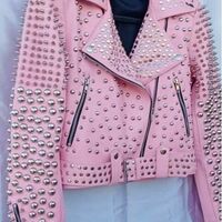 Crafted Leather Women Pink Studded Genuine Leather Punk Style Jacket - Thumbnail 1