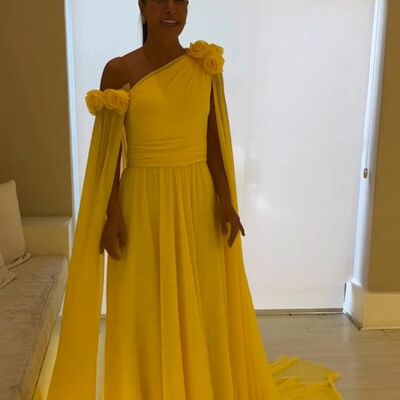 Elegant yellow one shoulder handmade flower mother of the bride/groom dress evening formal prom dress