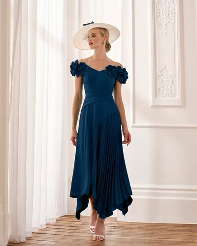 Elegant Navy Blue Tea-length Mother of the Bride/Groom Dress Evening Formal Prom Dress