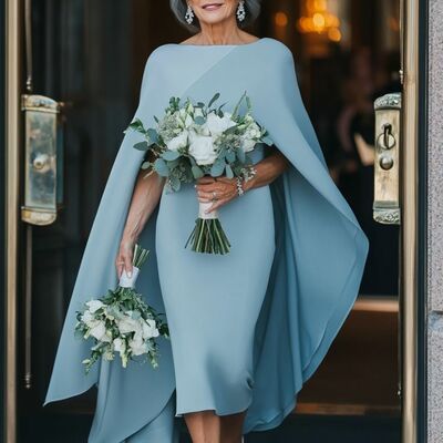 Elegant blue tea-length mother of the bride/groom dress evening formal prom dress