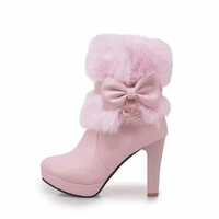 Martin boots rabbit fur bow waterproof platform thick heels high heels 2 colors - Thumbnail 1