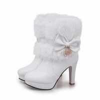 Martin boots rabbit fur bow waterproof platform thick heels high heels 2 colors - Thumbnail 2