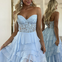 Blue Chiffon Lace Long Strapless Prom Party Dress - Thumbnail 1