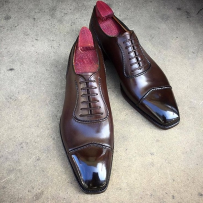 Men dark brown patina leather oxford dress shoes - Thumbnail 2