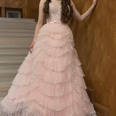 Strapless sweetheart ruffles empire-waist pink long prom dress,pd231409