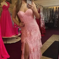  A-Line Spaghetti StrapsTiered Sequins Appliques Prom Dress with Slit,PD231412 - Thumbnail 1