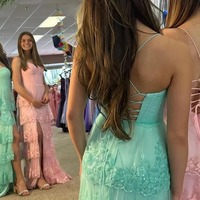  A-Line Spaghetti StrapsTiered Sequins Appliques Prom Dress with Slit,PD231412 - Thumbnail 2