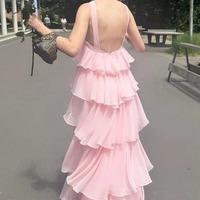 A-Line Pink Chiffon Tiered Sleeveless Long Formal Prom Dress,PD231414 - Thumbnail 2