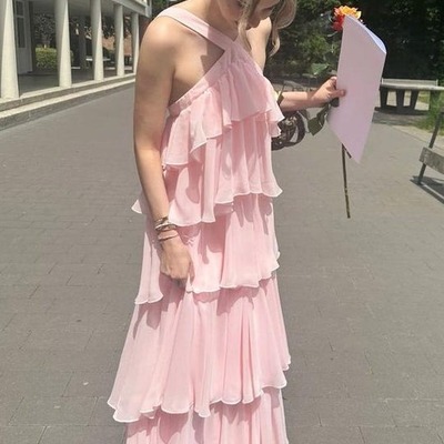 A-line pink chiffon tiered sleeveless long formal prom dress,pd231414