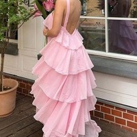 A-Line Pink Chiffon Tiered Sleeveless Long Formal Prom Dress,PD231414 - Thumbnail 1