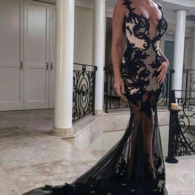 Sexy black lace appliques prom dress formal dress evening gowns
