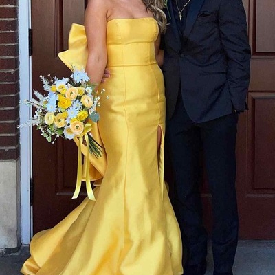 Mermaid yellow strapless scoop satin long formal prom dress with big bow,pd231415