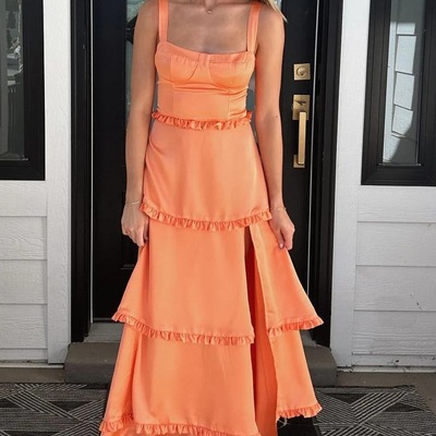 A-line sleeveless straps scoop layered satin formal prom dress with slit,pd231416