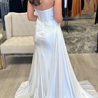 Strapless Satin Pleated High Slit White Long Prom Formal Dress with Train,PD231417 - Thumbnail 1