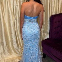 Mermaid Stunning Blue Strapless Lace Appliques Prom Dress with Bow,PD231418 - Thumbnail 1