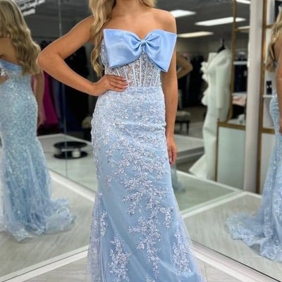 Mermaid stunning blue strapless lace appliques prom dress with bow,pd231418
