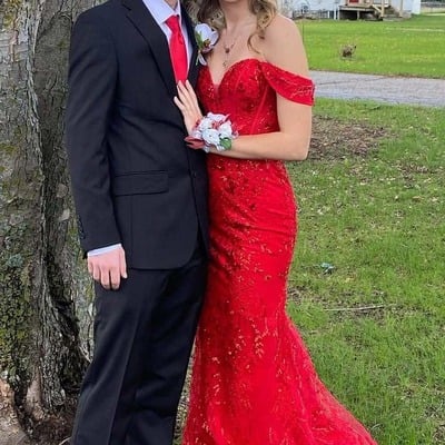 Mermaid red off-shoulder sweetheart appliques long formal prom dress,pd231419