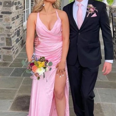  v-neck pink satin pleated side slit sleeveless long prom formal dress,pd231420