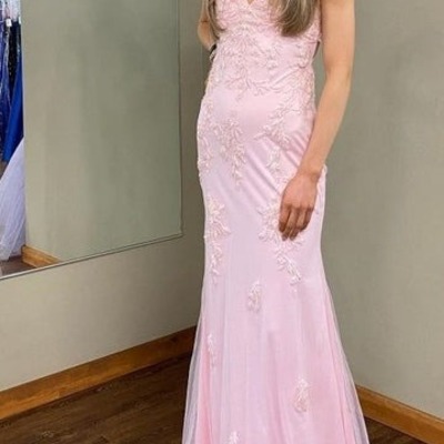 Spaghetti straps pink v-neck appliques sleeveless prom dress,pd231422