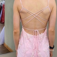 Spaghetti Straps Pink V-Neck Appliques Sleeveless Prom Dress,PD231422 - Thumbnail 1