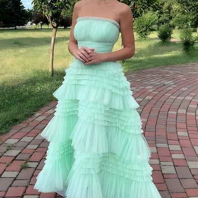 A-line mint strapless scoop neck layered tulle prom dress,pd231424