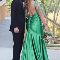 Deep V-Neck Sleeveless Pleated Satin Long Mermaid Formal Prom Dress,PD231427 - Thumbnail 1