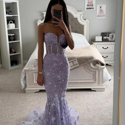 Elegant sheath purple lace appliques prom dress formal dress evening gowns