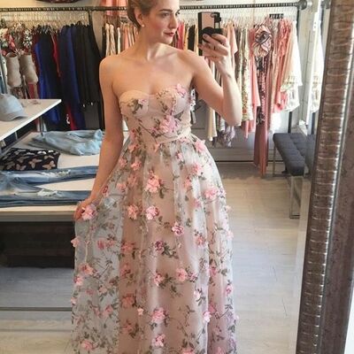 Pink flowers a line prom dress formal dress evening gowns