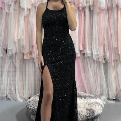 Mermaid black sequined scoop neck sleeveless long prom dress with slit,pd231430