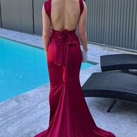 Mermaid Burgundy Straps Satin Pleated Long Formal Prom Dress with Train,PD231431 - Thumbnail 1