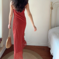 Summer beach holiday style lace collar red bottom polka dot print dress - Thumbnail 4