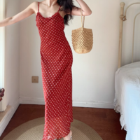 Summer beach holiday style lace collar red bottom polka dot print dress - Thumbnail 5