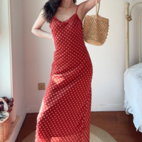 Summer beach holiday style lace collar red bottom polka dot print dress - Thumbnail 1