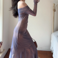 Sexy one-shoulder dress long skirt atmosphere tie-dye waist mesh transparent fleshy trumpet sleeve skirt - Thumbnail 5