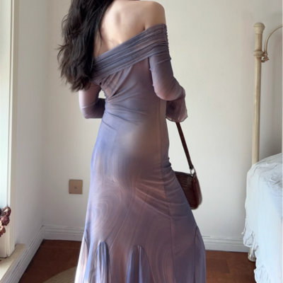 Sexy one-shoulder dress long skirt atmosphere tie-dye waist mesh transparent fleshy trumpet sleeve skirt - Thumbnail 5