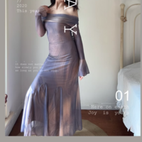 Sexy one-shoulder dress long skirt atmosphere tie-dye waist mesh transparent fleshy trumpet sleeve skirt - Thumbnail 1