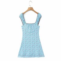 Small floral cherry print sexy square neck waist dress - Thumbnail 1