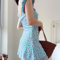 Small floral cherry print sexy square neck waist dress - Thumbnail 2