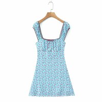 Small floral cherry print sexy square neck waist dress - Thumbnail 3