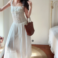 Retro romantic embroidery girl sexy square neck slim suspender dress - Thumbnail 1