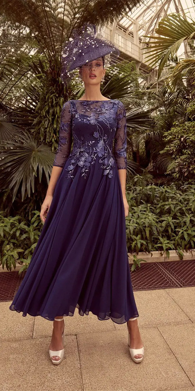 Elegant Navy Tea-length Lace Mother of the Bride/Groom Dress Evening Formal Prom Dress