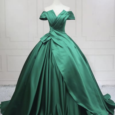 Green satin long a-line prom formal gown - Thumbnail 2