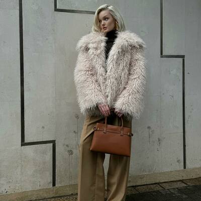 F14 women's faux fur coat fluffy faux fur jacket long sleeve lapel furry winter jackets shaggy parka short coat - Thumbnail 2