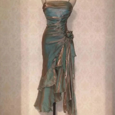 Spaghetti straps vintage asymmetrical midi prom dresses