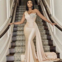 One Shoulder Sleeveless Champagne Mermaid Satin Prom Dresses - Thumbnail 1