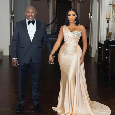 One shoulder sleeveless champagne mermaid satin prom dresses