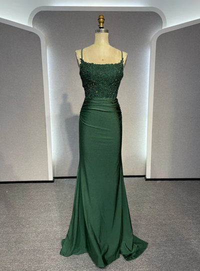 Spaghetti Straps Green Stain Lace Prom Dress