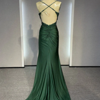 Spaghetti Straps Green Stain Lace Prom Dress - Thumbnail 1